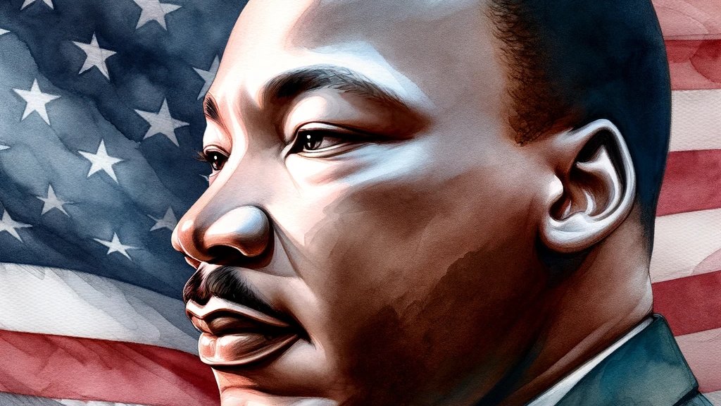 A watercolor image showing a side profile of Dr. Martin Luther King Jr. with a U.S. flag in the background